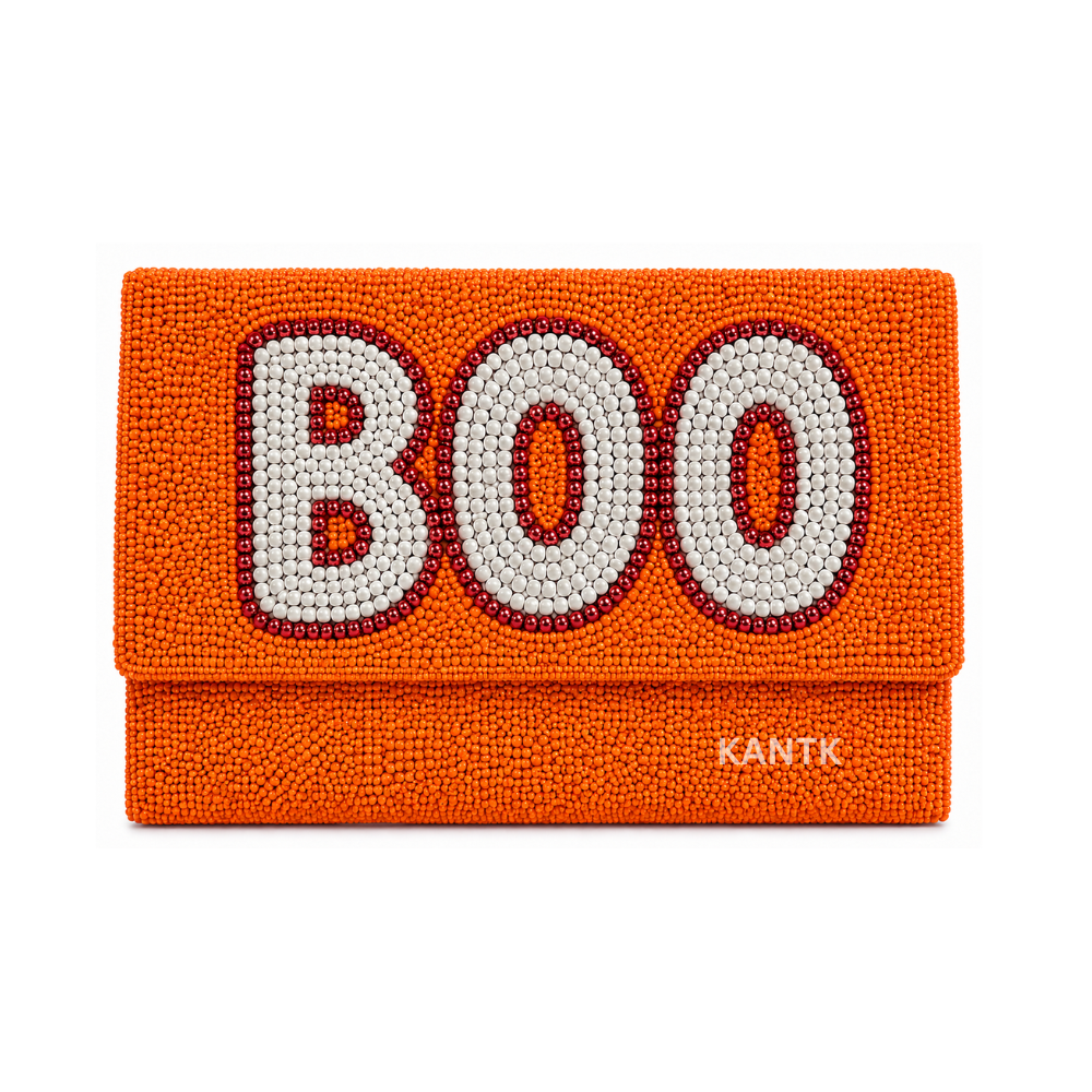 Handmade Orange Beaded BOO Halloween Clutch Bag