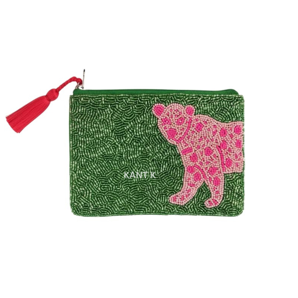 Leopard Beaded Coin Purse Handmade Zippered Pouch