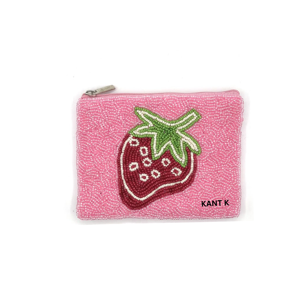 Handmade Pink Beaded Strawberry Coin Purse Cute Fruit Mini Pouch with Zipper