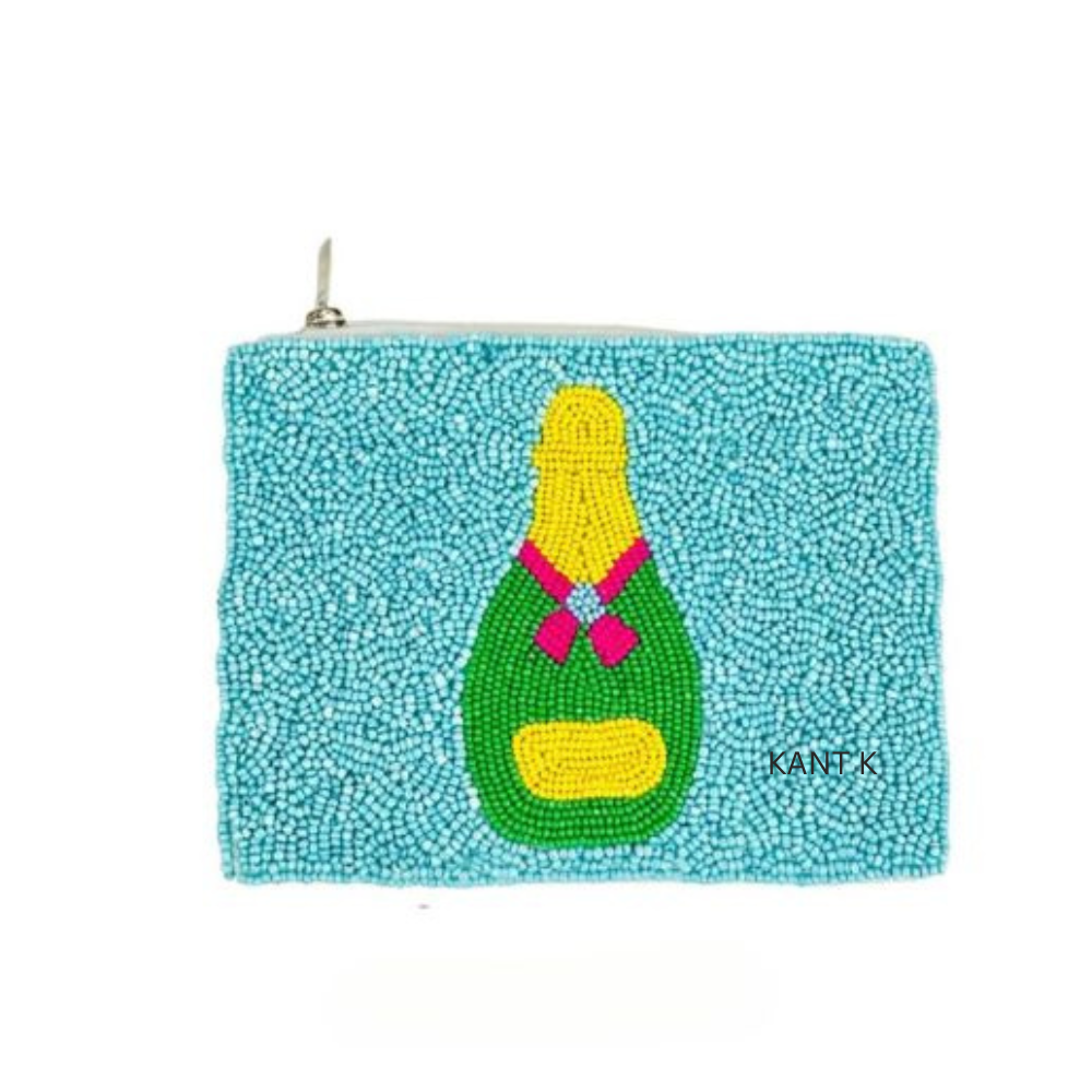 Multicolor Champagne Bottle Seed Beaded Coin Purse