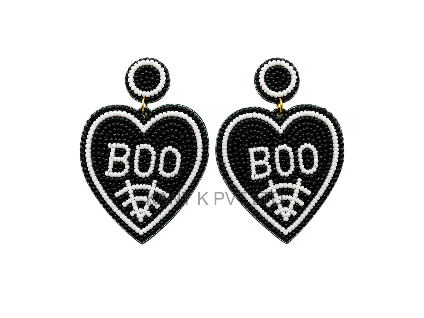 Handcrafted Black and White Beaded Heart BOO Drop Earrings