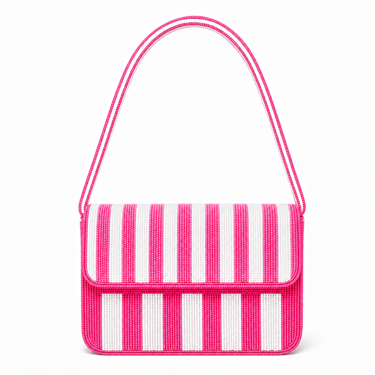 Handcrafted Pink & White Striped Beaded Shoulder Bag