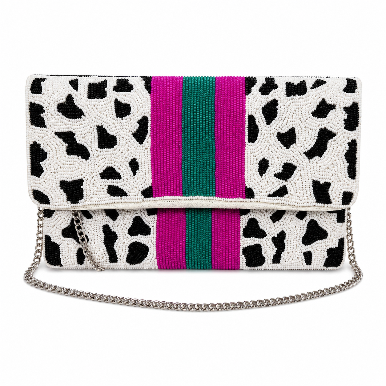 Beaded Stripe Clutch White & Black Leopard Print