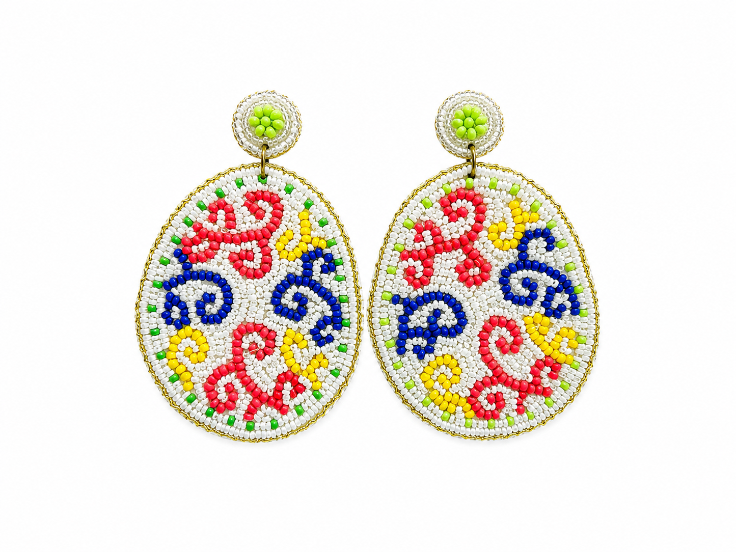 Multicolored Beaded Statement Earrings with Intricate Red, Blue & Yellow Patterns