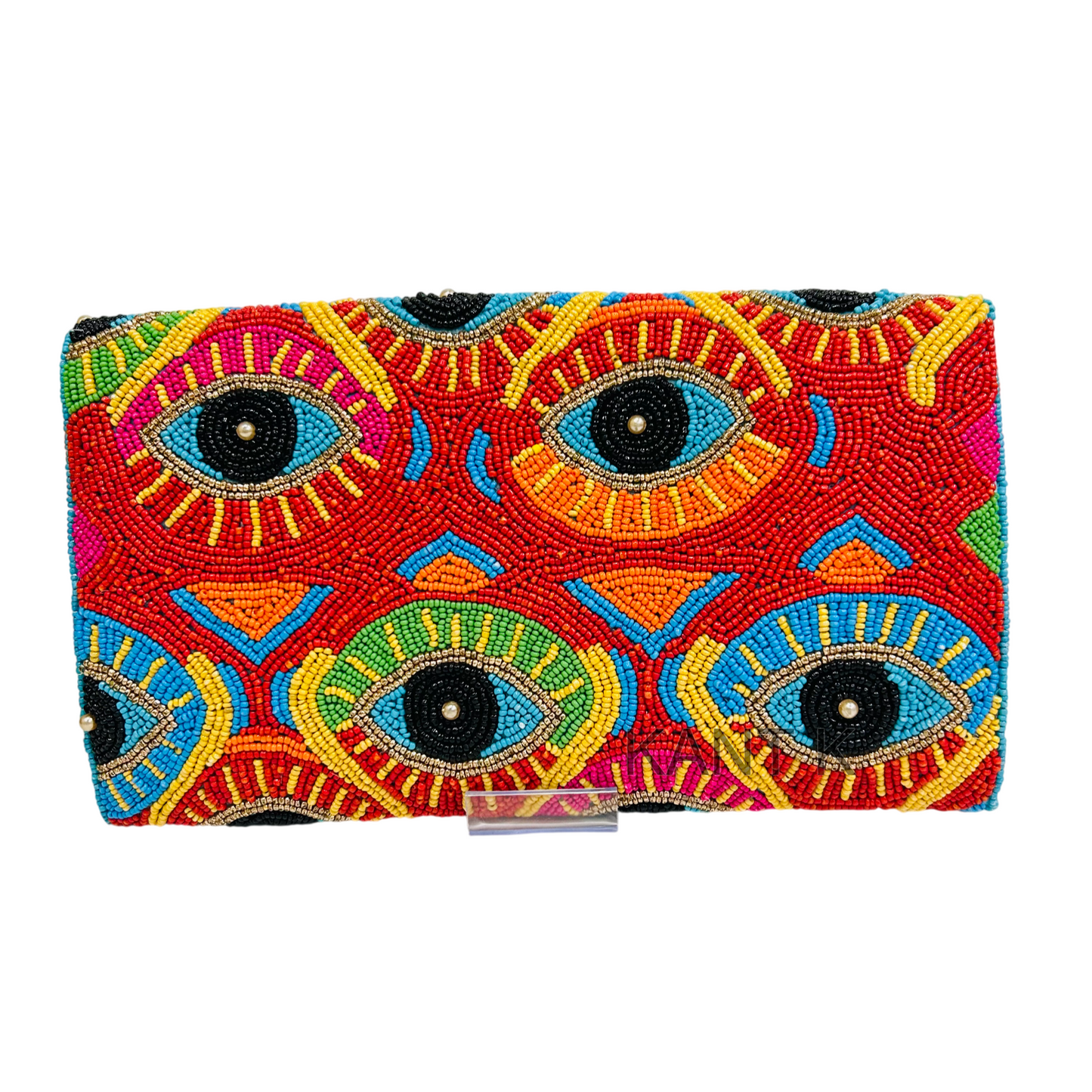 Handcrafted Beaded Evil Eye Canvas Clutch with Magnetic Closure
