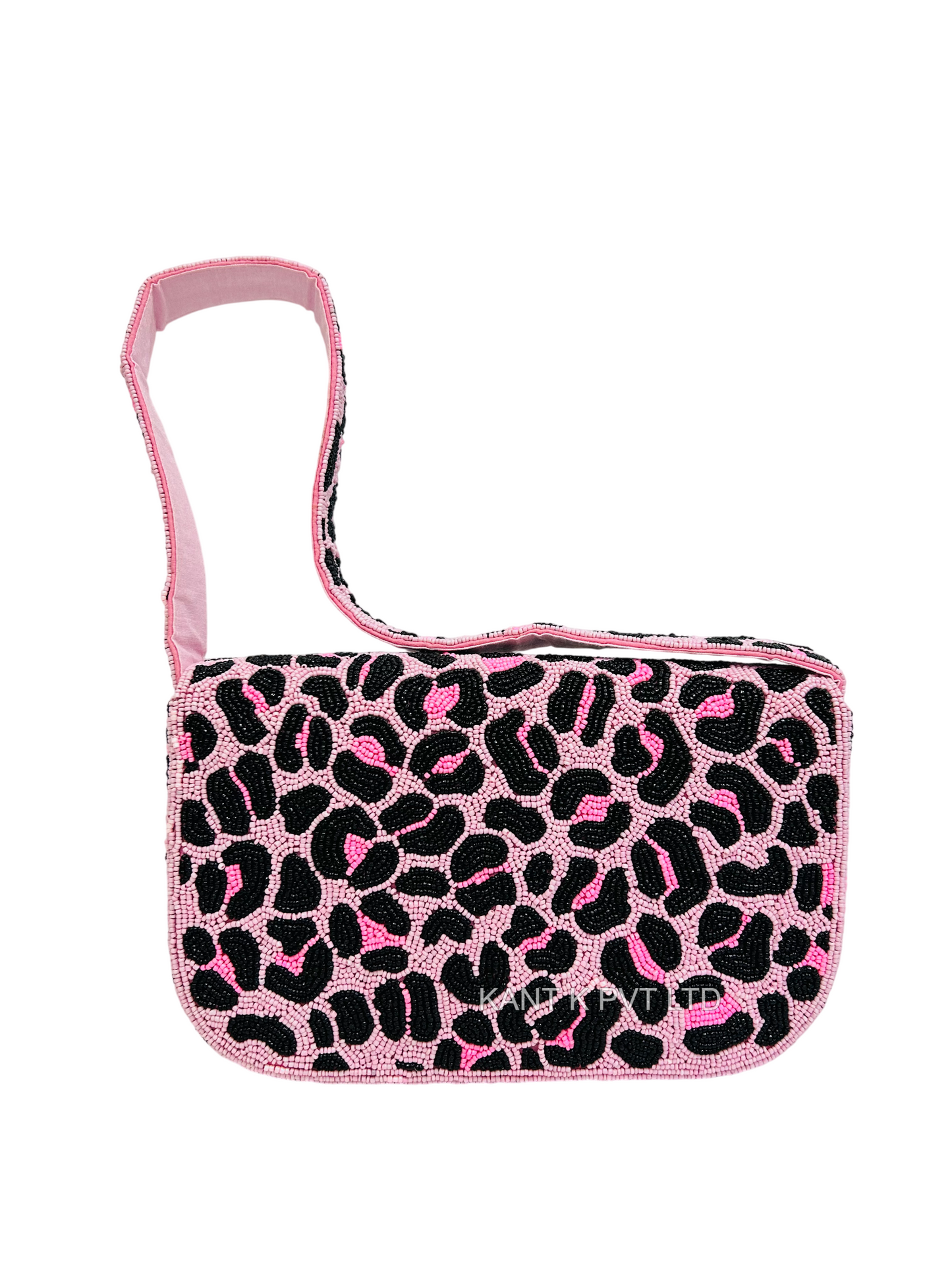 Handcrafted Pink and Black Leopard-Print Beaded Shoulder Bag
