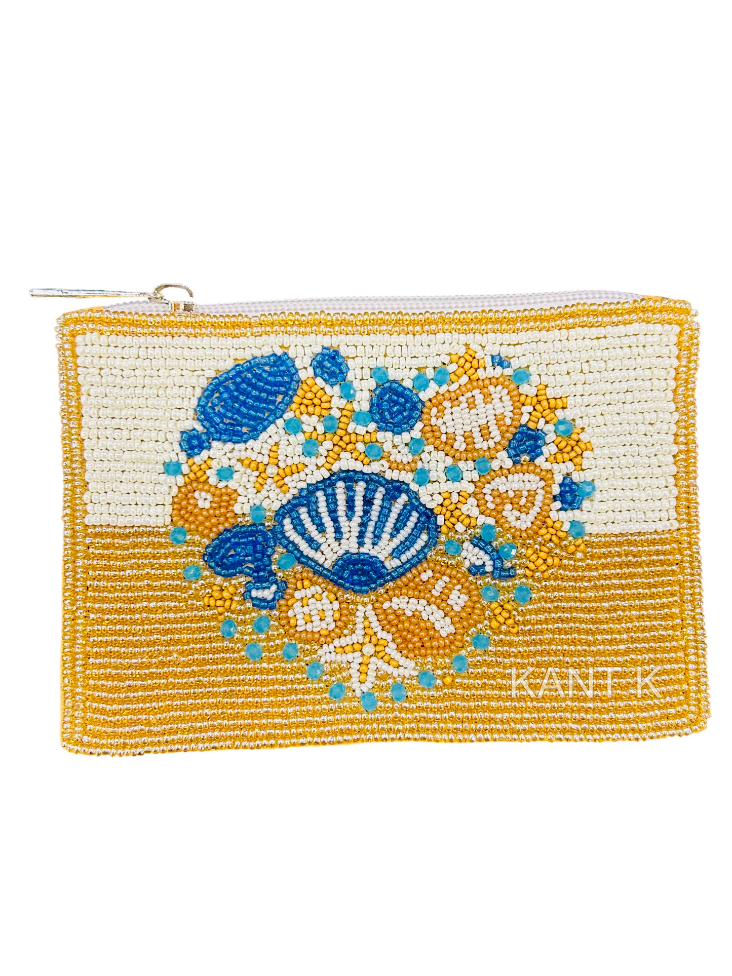 Handmade Yellow and White Beaded Coin Pouch with Embroidered Seashell
