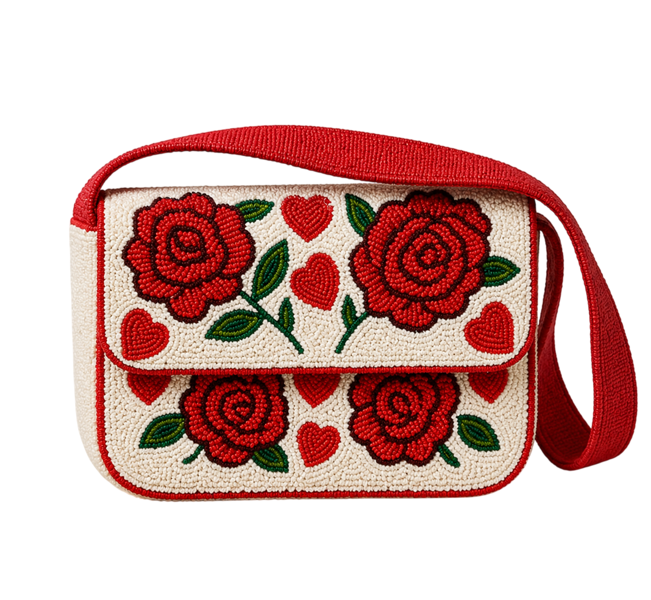 Red and White Beaded Clutch, Floral Crossbody Purse, Beaded Evening Bag