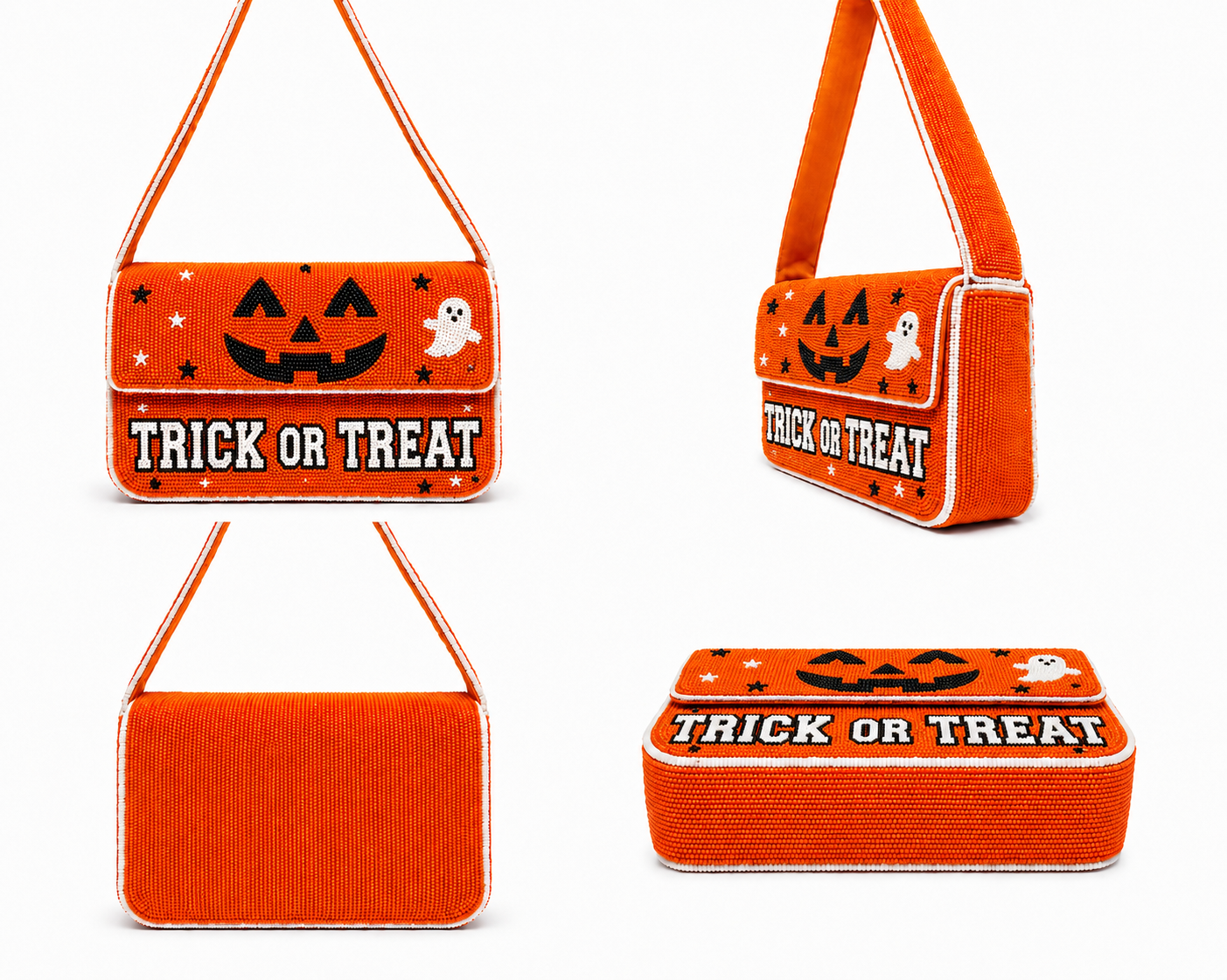 Trick or Treat Halloween Beaded Shoulder Bag Orange Spooky Chic Party Purse
