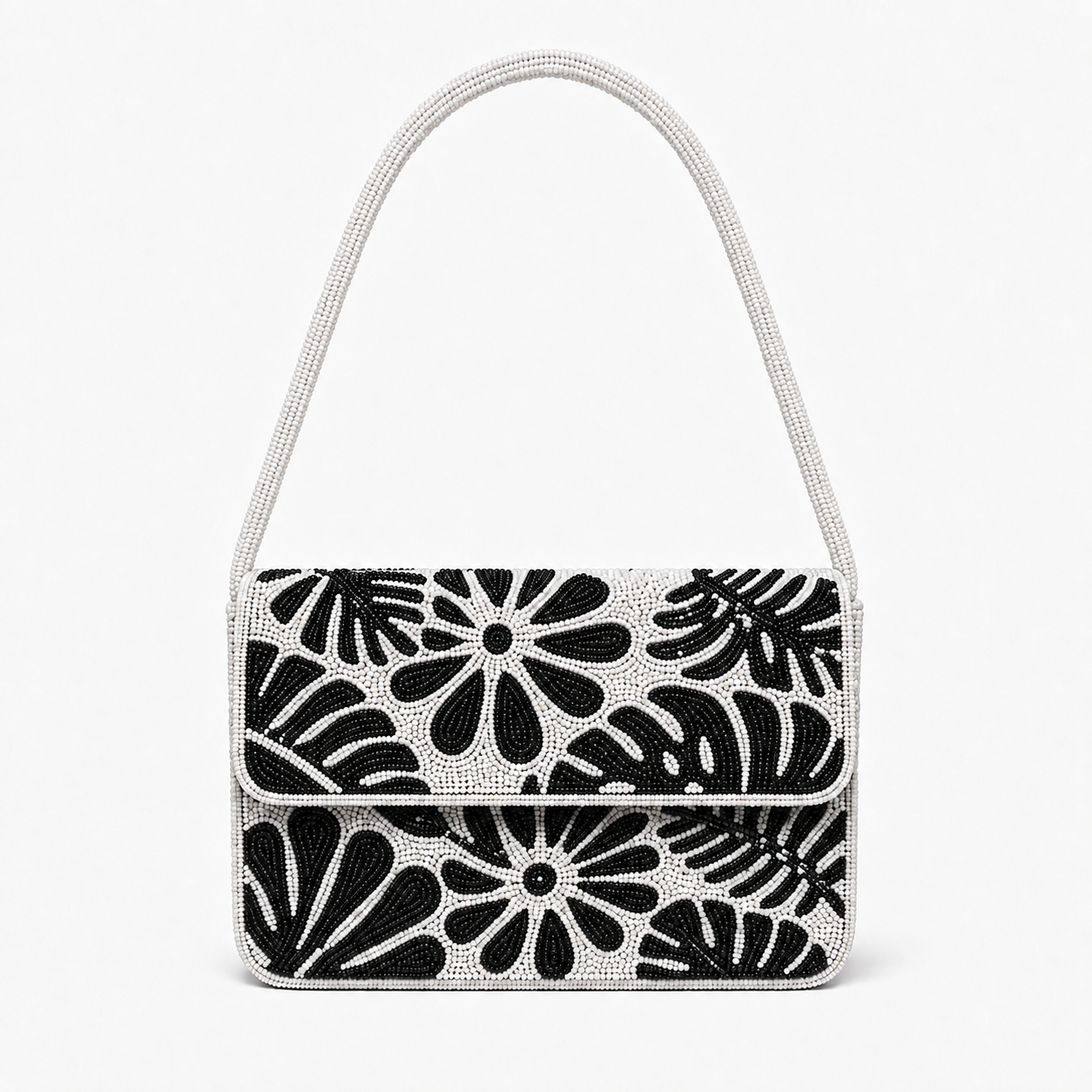 Black and White Floral Hand Beaded Shoulder Bag Handmade Statement Purse