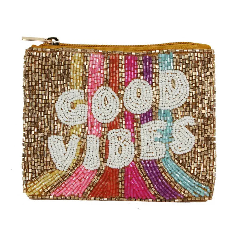 Good Vibes Rainbow Beaded Coin Purse Colorful Handmade Zip Pouch