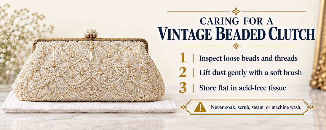 How do I clean a vintage beaded clutch without damaging it?
