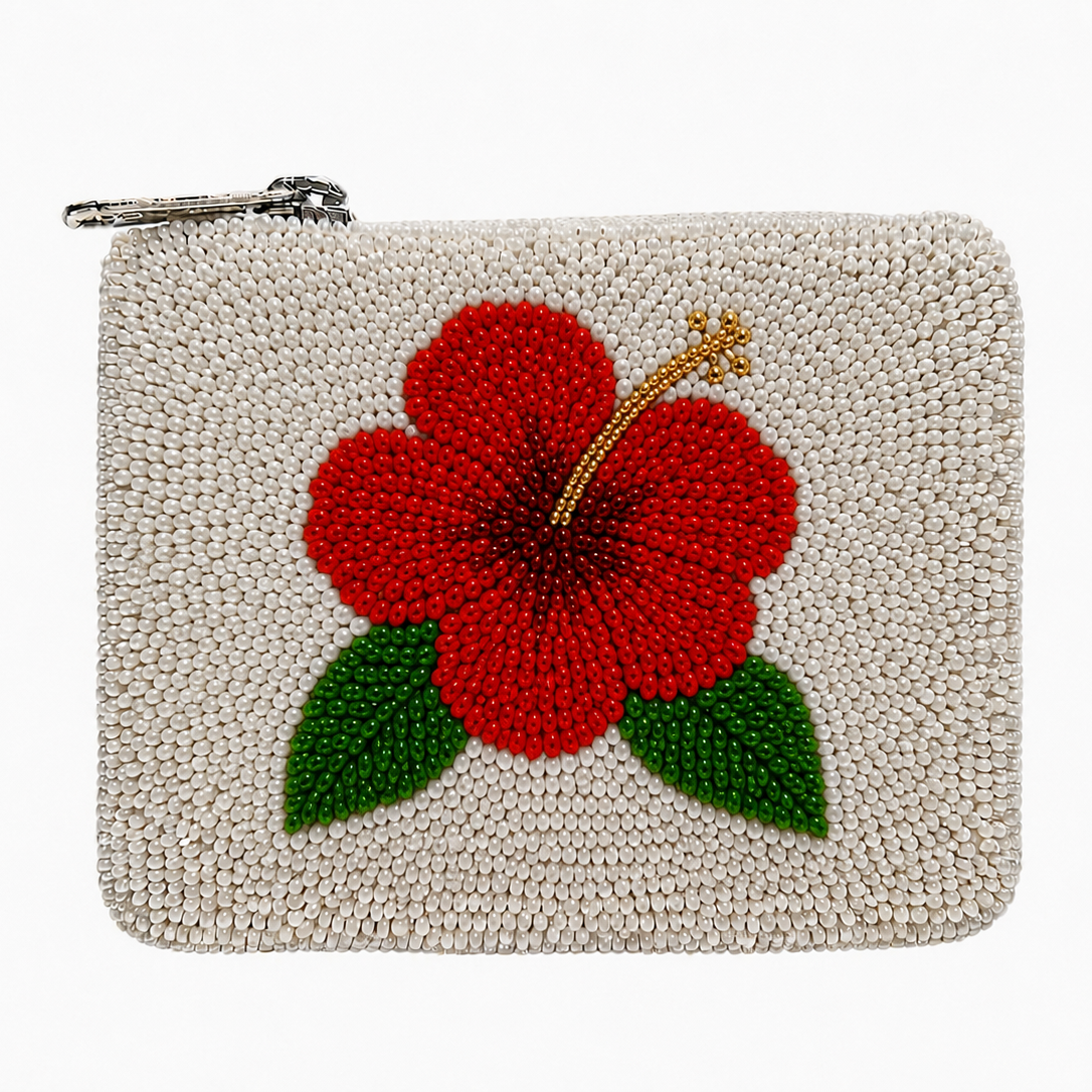 Red Floral White Beaded Coin Purse for Women
