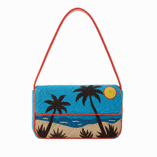 Beaded Palm Tree & Beach Shoulder Bag Tropical Handmade Statement Purse