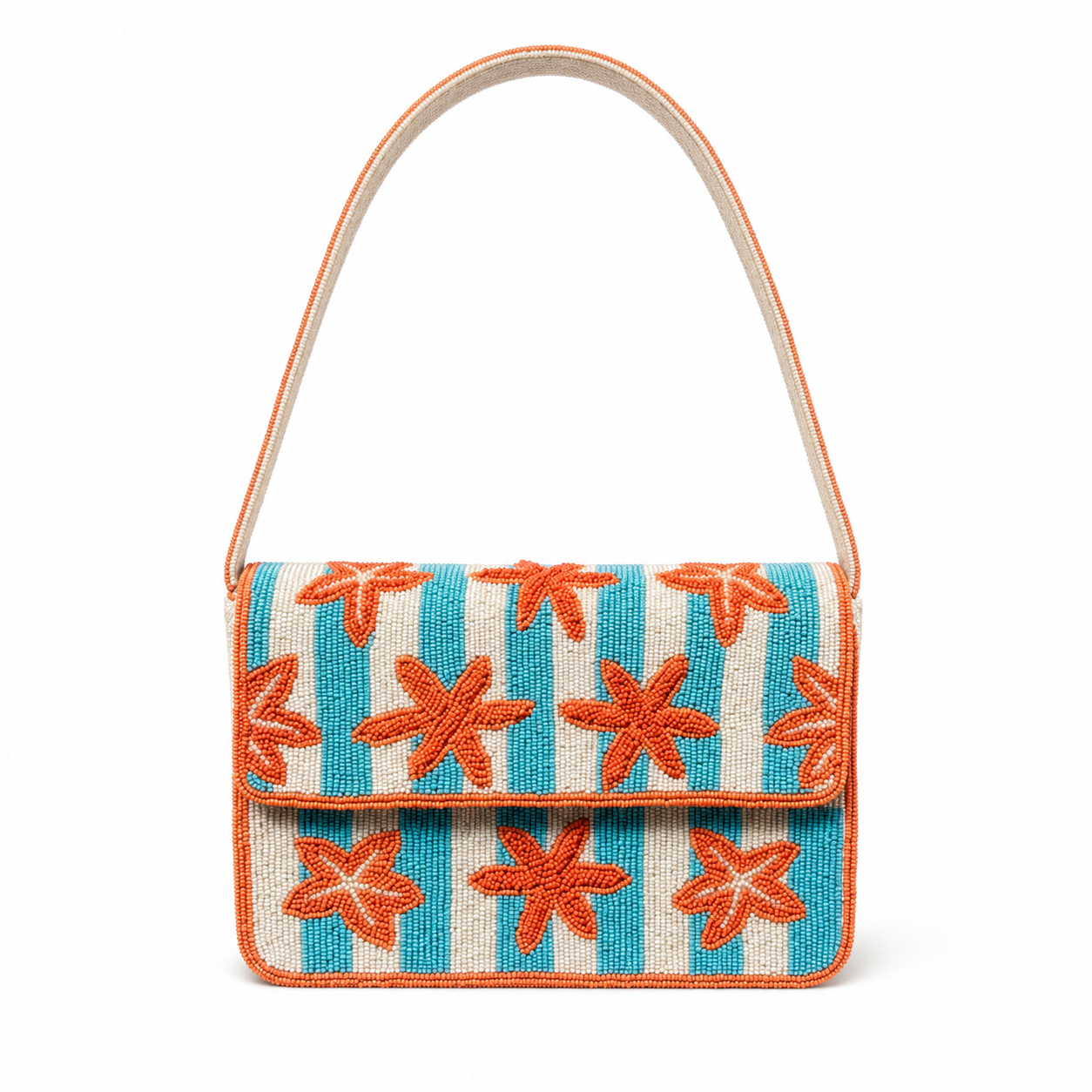 Blue & White Striped Beaded Shoulder Bag with Orange Starfish Design