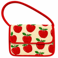 The Handmade Beaded Fruit Bag is a cute mini handbag for women, featuring bright red apples with green leaves on a light beige background and detailed with a red strap and trim.