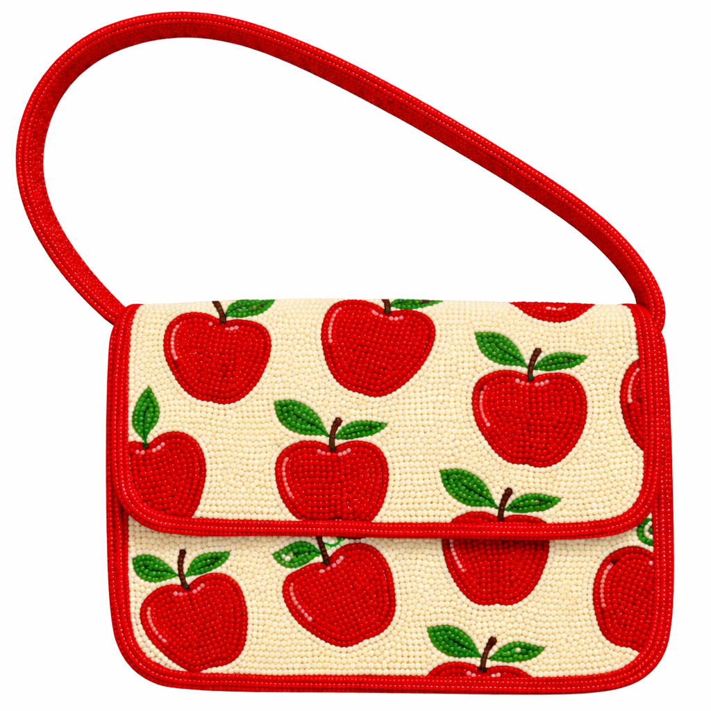 The Handmade Beaded Fruit Bag is a cute mini handbag for women, featuring bright red apples with green leaves on a light beige background and detailed with a red strap and trim.