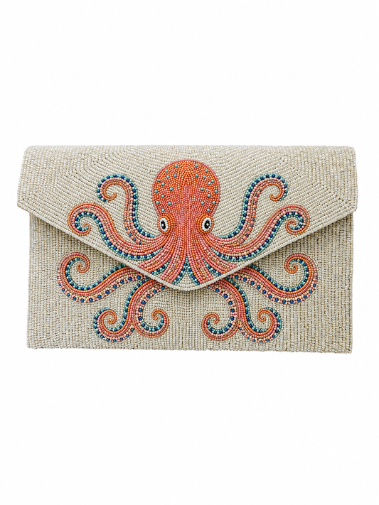 Octopus Hand-Beaded Clutch Bag Ocean-Inspired Statement Evening Purse