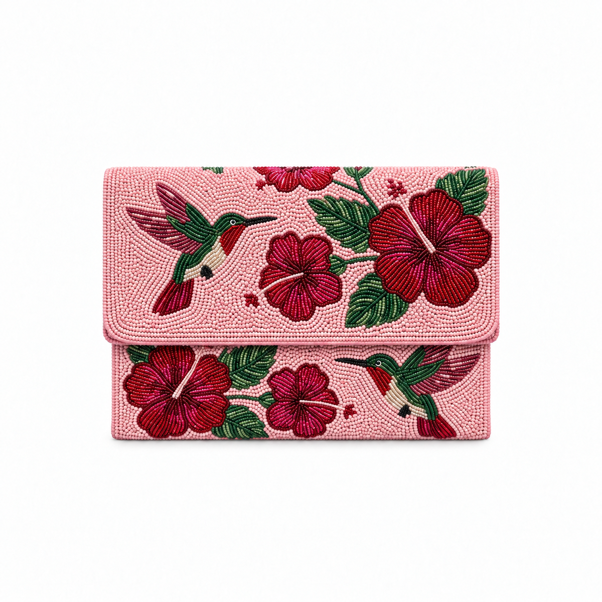 Handcrafted Pink Beaded Flap Clutch with Flower and bird Embroidery Evening & Party Bag