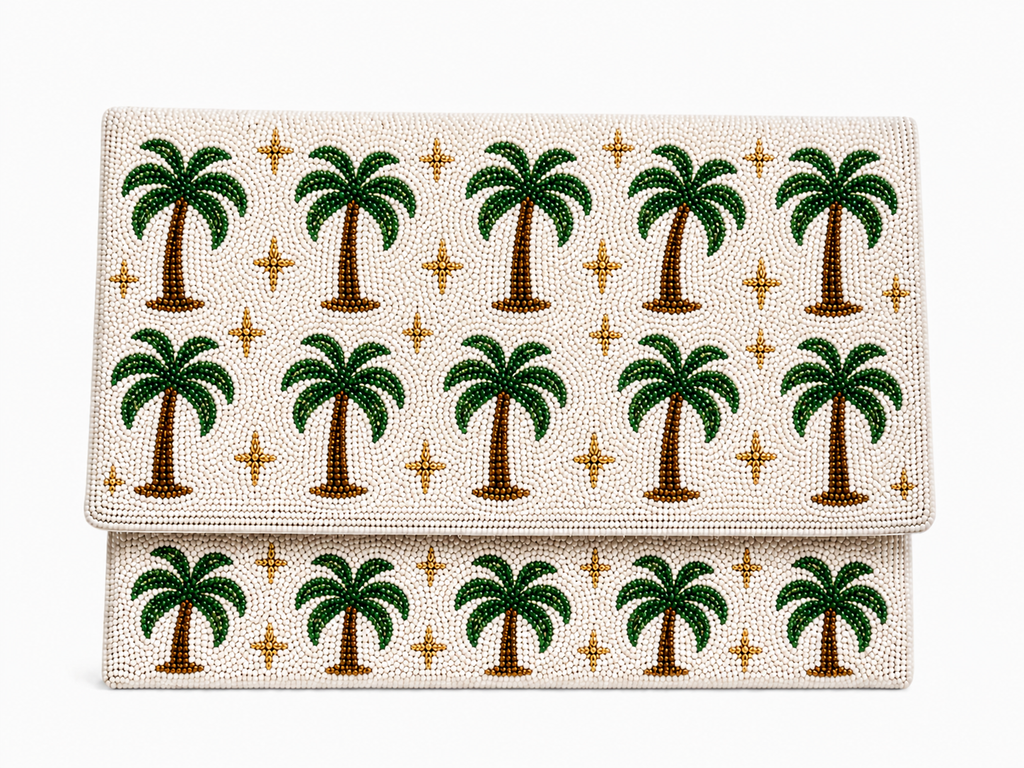 Handmade Tropical Palm Tree Beaded Clutch Handmade Summer Statement Bag