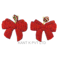 Red Bow Christmas Beaded Earrings Festive Holiday Statement Jewelry