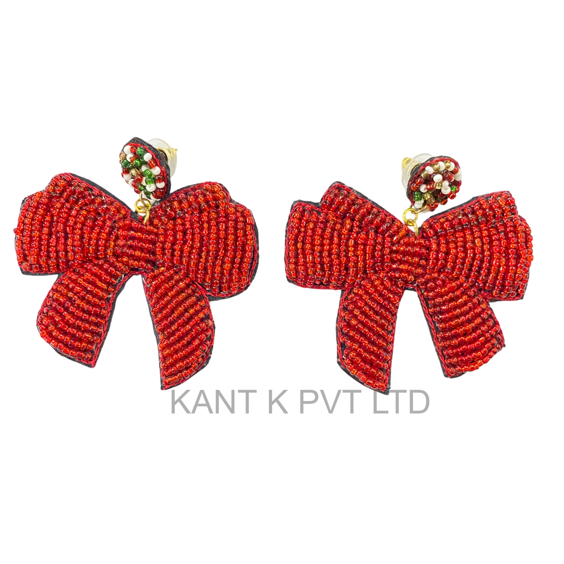 Red Bow Christmas Beaded Earrings Festive Holiday Statement Jewelry