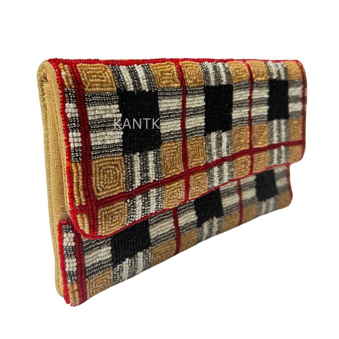 Handmade Beaded Clutch with Plaid & Stripe