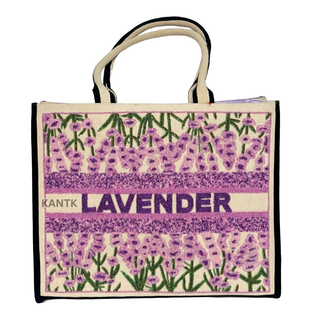 Handcrafted Lavender Floral Beaded Canvas Tote Bag