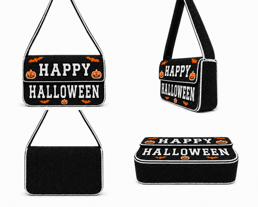Handmade Halloween Orange, White & Black Beaded Shoulder Bag