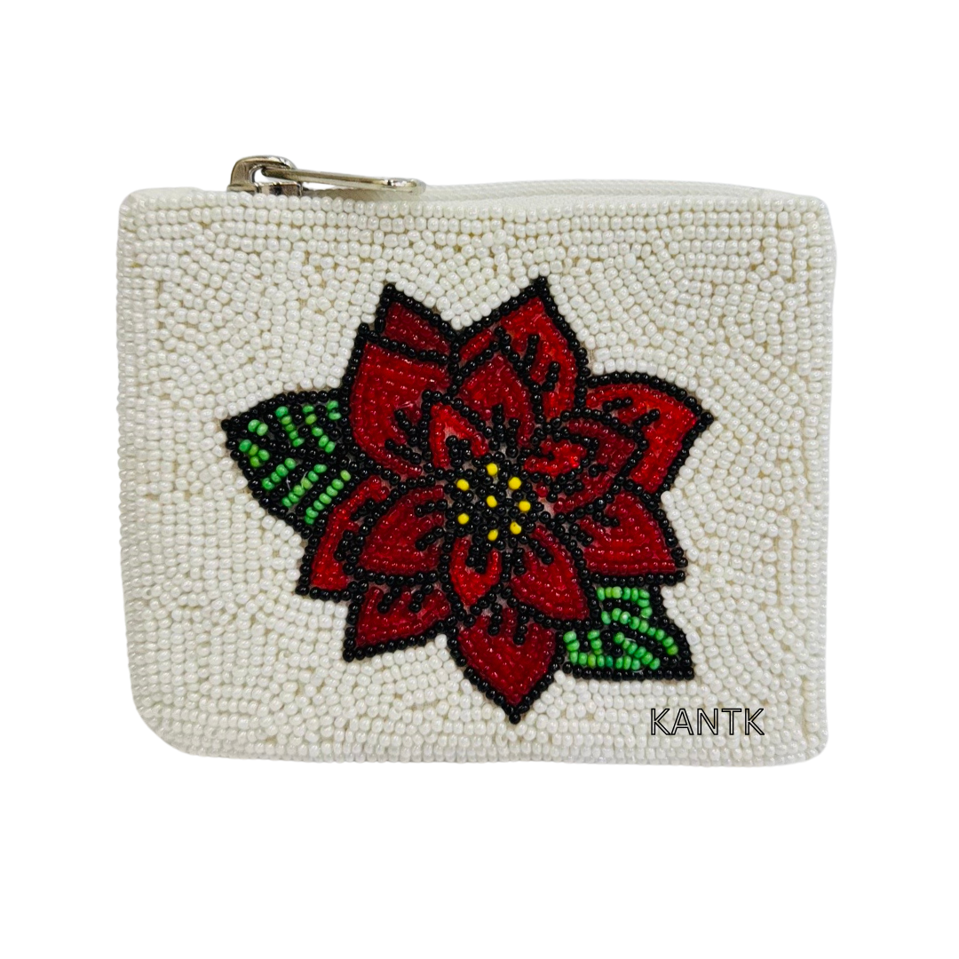 Hand-Beaded Red Flower Mini Clutch Purse White Seed Bead Floral Evening Bag