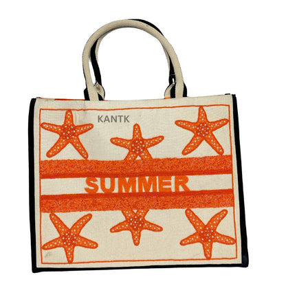 Handmade Orange Starfish Beaded Summer Tote Bag