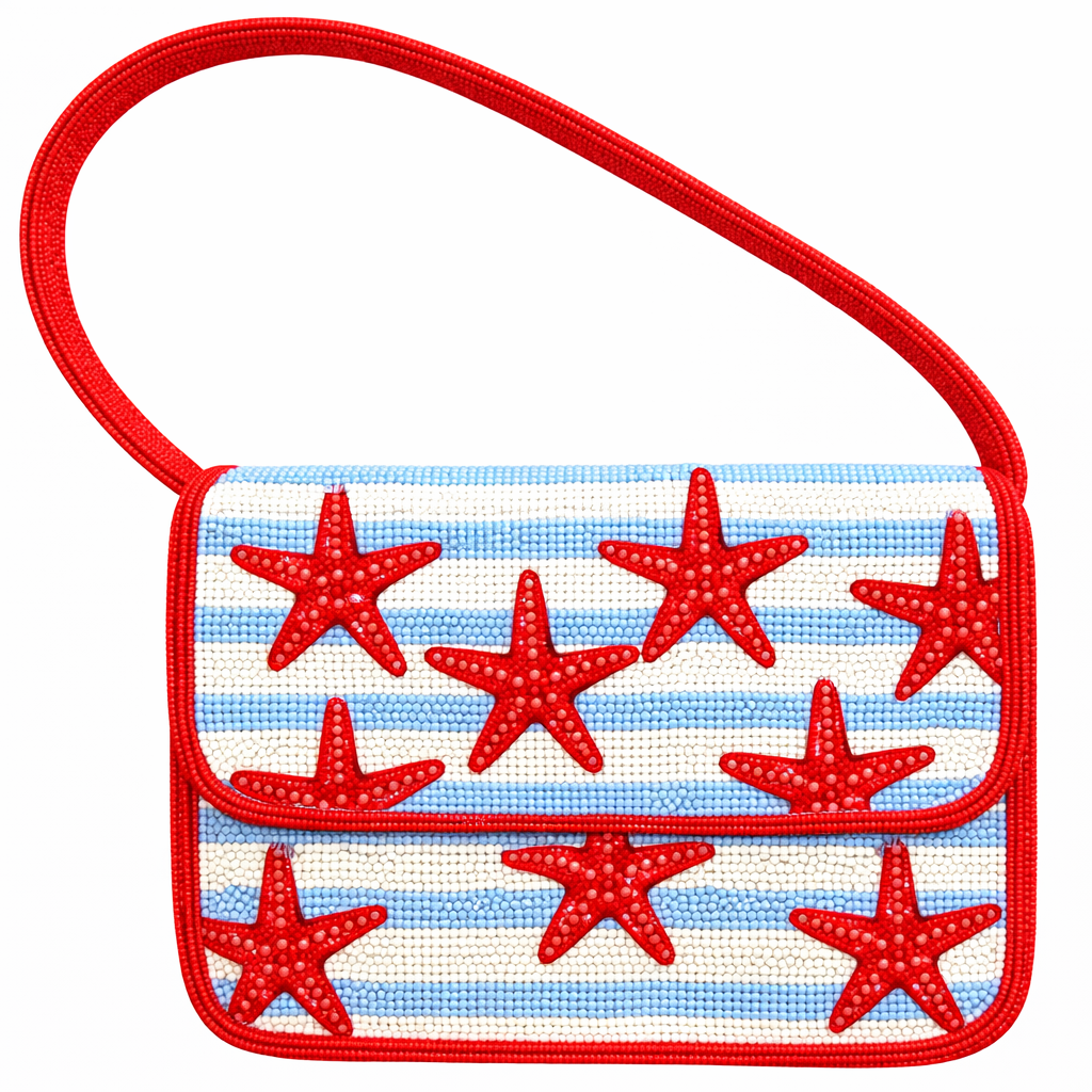 Handmade Blue & Red Starfish Beaded Handbag