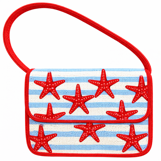 Handmade Blue & Red Starfish Beaded Handbag
