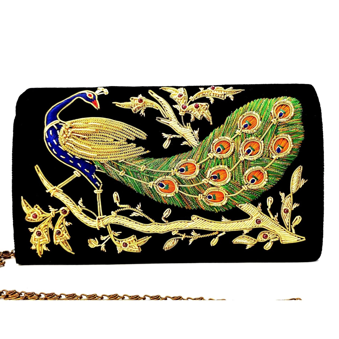 Embroidered Peacock Velvet Evening Bag with Removable Chain Strap