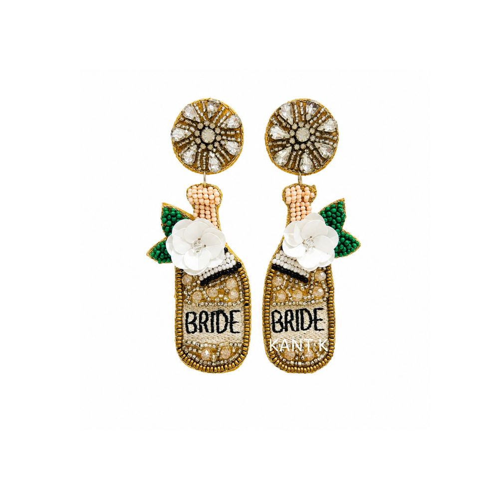 Handmade Beaded Champagne Bottle Earrings with White Floral Details