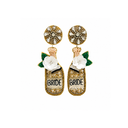 Handmade Beaded Champagne Bottle Earrings with White Floral Details