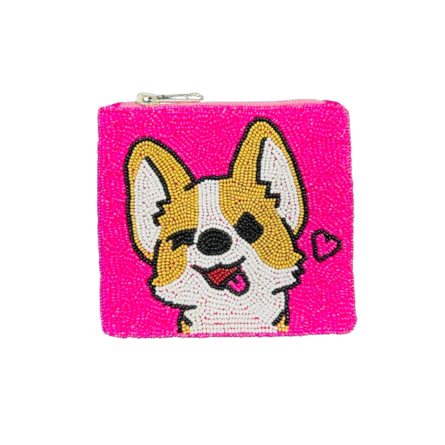 Bright Pink Beaded Corgi Coin Purse with Zipper