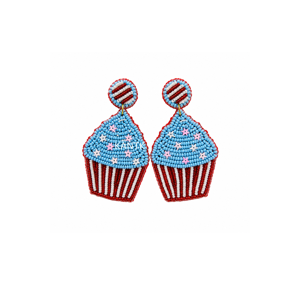 Patriotic Artisan Cupcake Earrings Handcrafted Red, White & Blue Beaded Dessert Jewelry