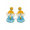 Handmade Beaded Angel Earrings Blue, White & Yellow Charm Drop Earrings for Women