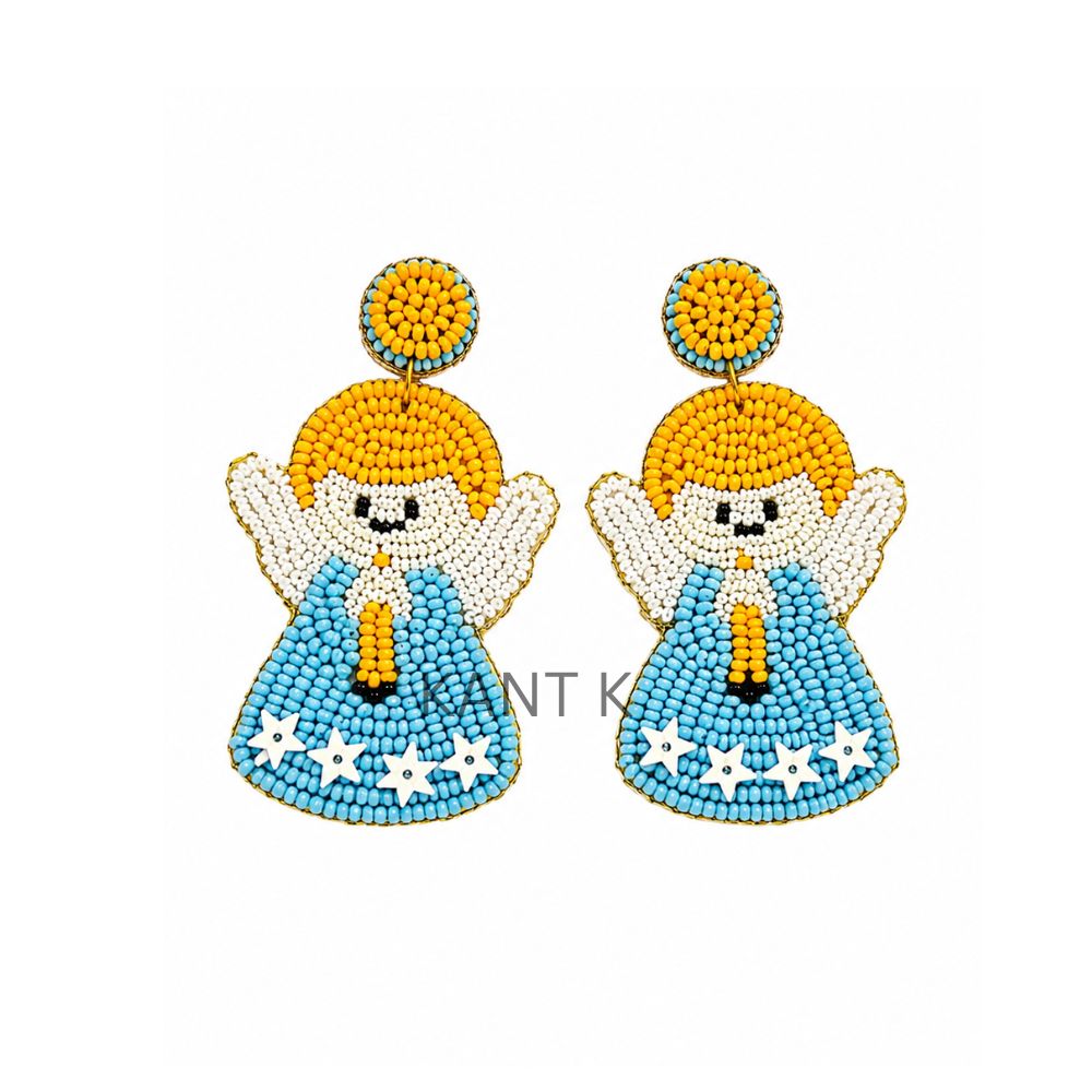 Handmade Beaded Angel Earrings Blue, White & Yellow Charm Drop Earrings for Women