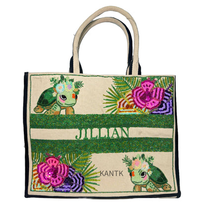 Jillian Personalized Turtle & Floral Beaded Tote Bag