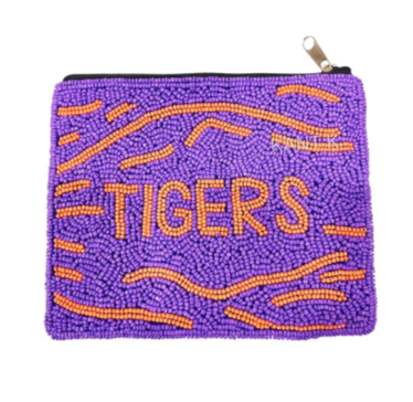 Purple & Gold Tiger Beaded Gameday Coin Purse Handcrafted Football Fan Accessory