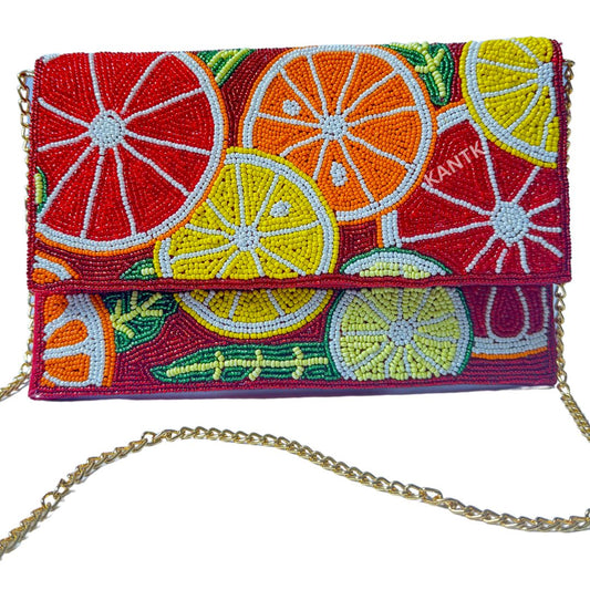 Red, Orange & Yellow Beaded Clutch Citrus Fruit Design with Gold Chain