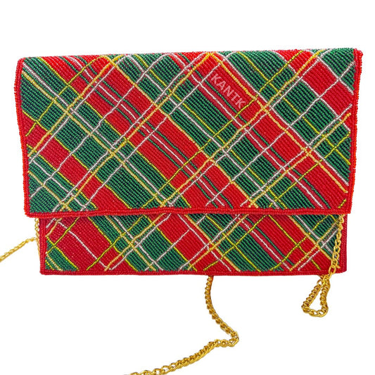 Red, Green, and Gold Beaded Plaid Flap Bag with Chain Strap