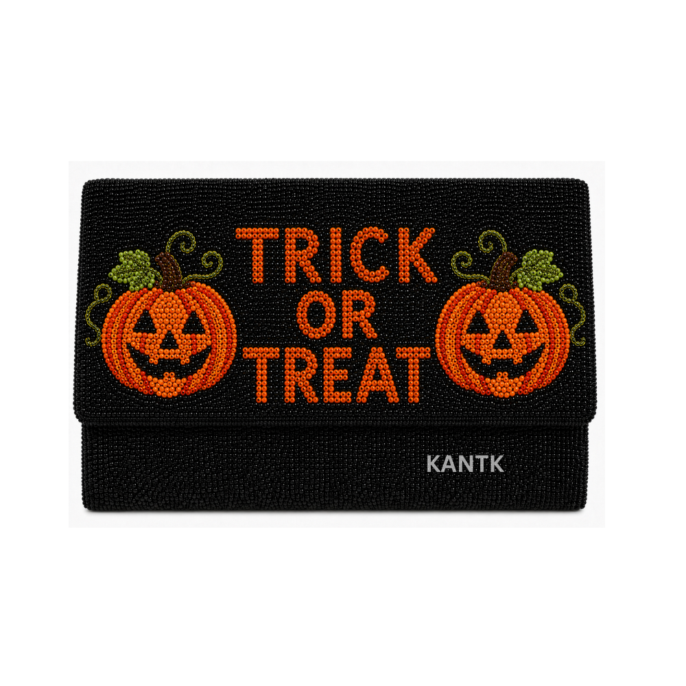 Handmade Trick or Treat White & Orange Beaded Clutch Bag