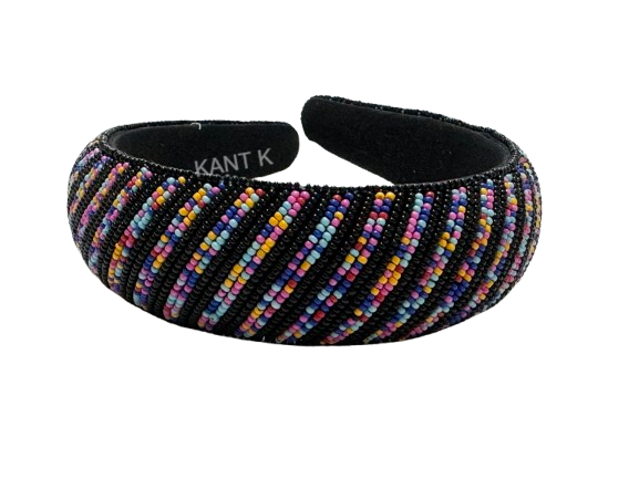 Black Boho Multicolor Beaded Headband Handmade Ethnic Hair Accessory for Women