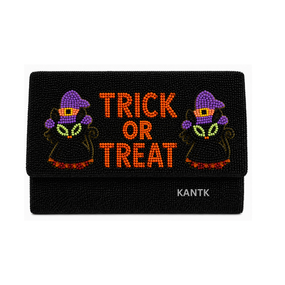 Handmade Trick or Treat Orange & Black Beaded Clutch Bag