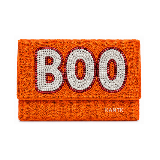 Handmade Orange Beaded BOO Halloween Clutch Bag