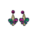 Handcrafted Fleur-de-Lis Beaded Drop Earrings Purple, Green & Gold Mardi Gras Jewelry