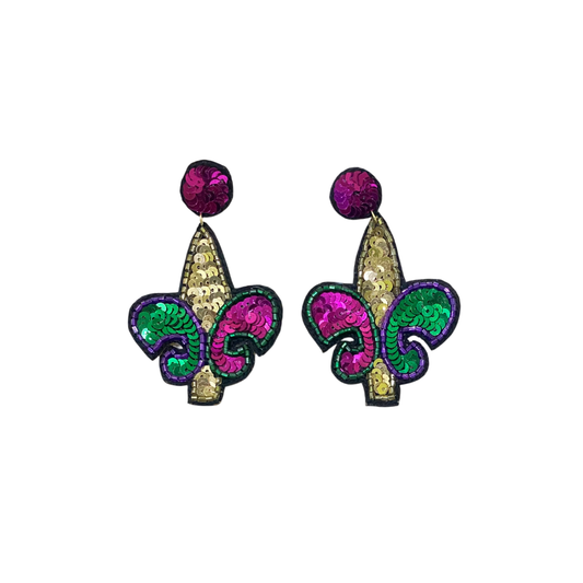 Handcrafted Fleur-de-Lis Beaded Drop Earrings Purple, Green & Gold Mardi Gras Jewelry